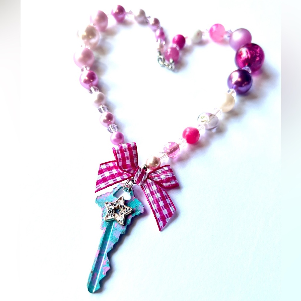 Handmade Whimsical Painted Key Necklace, Pastel Pink Vintage Beads & Crystals